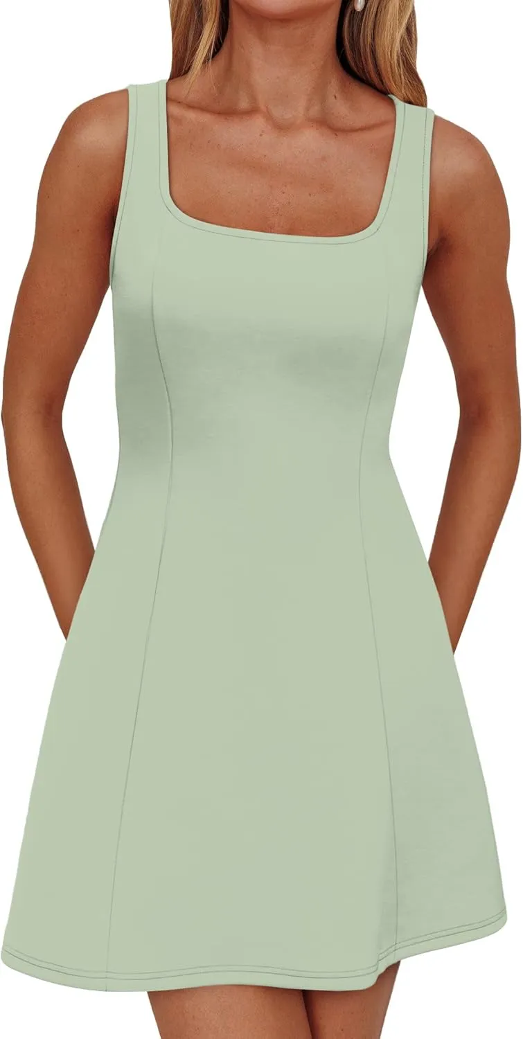 WIHOLL Women's Square Neck A-Line Sleeveless Mini Dress Summer Club Party Little Short Dresses