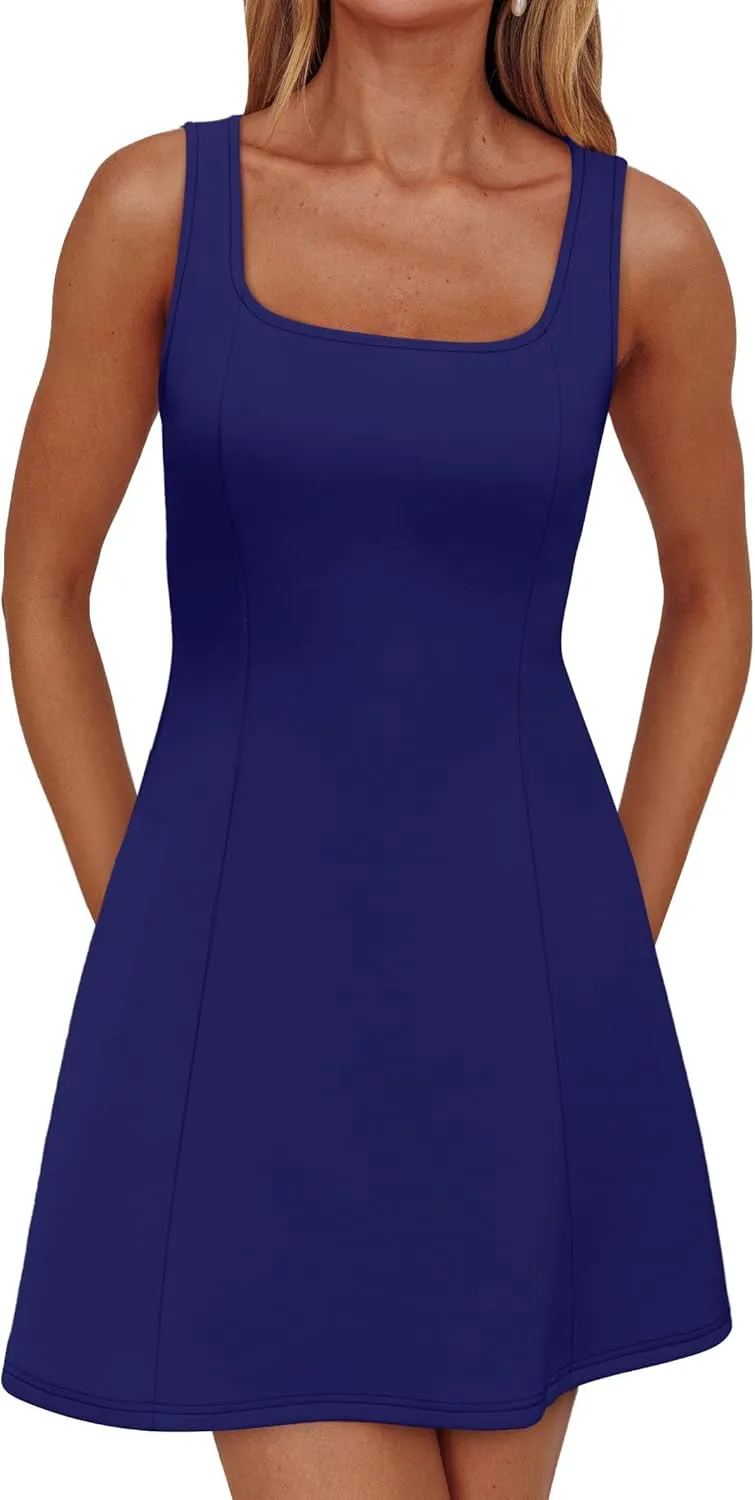 WIHOLL Women's Square Neck A-Line Sleeveless Mini Dress Summer Club Party Little Short Dresses