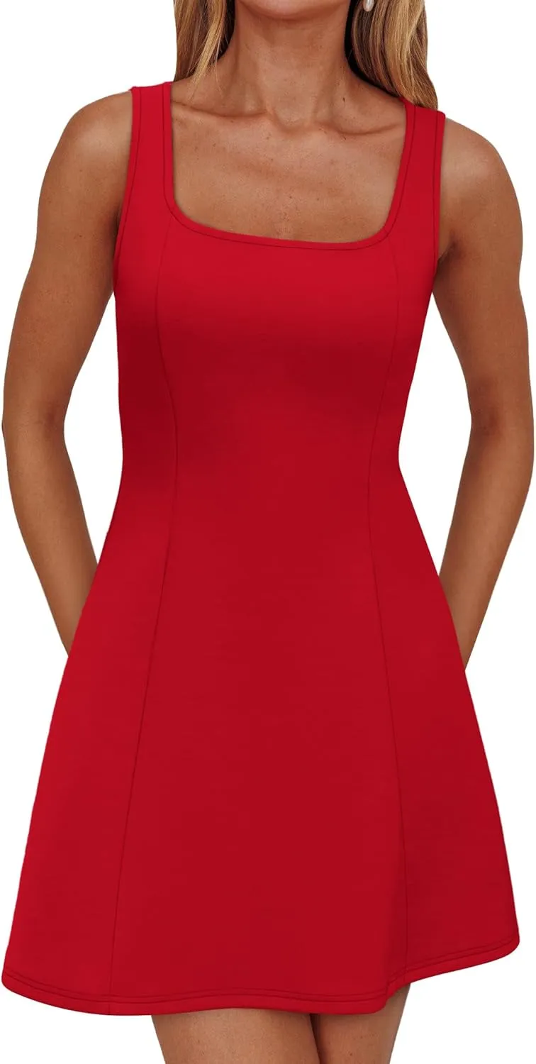 WIHOLL Women's Square Neck A-Line Sleeveless Mini Dress Summer Club Party Little Short Dresses