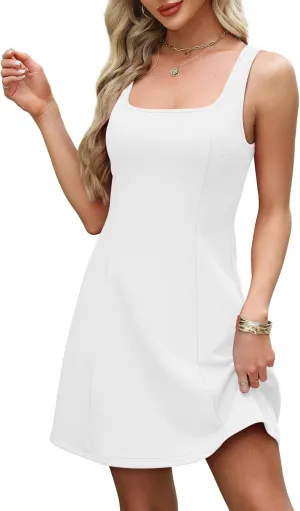 WIHOLL Women's Square Neck A-Line Sleeveless Mini Dress Summer Club Party Little Short Dresses