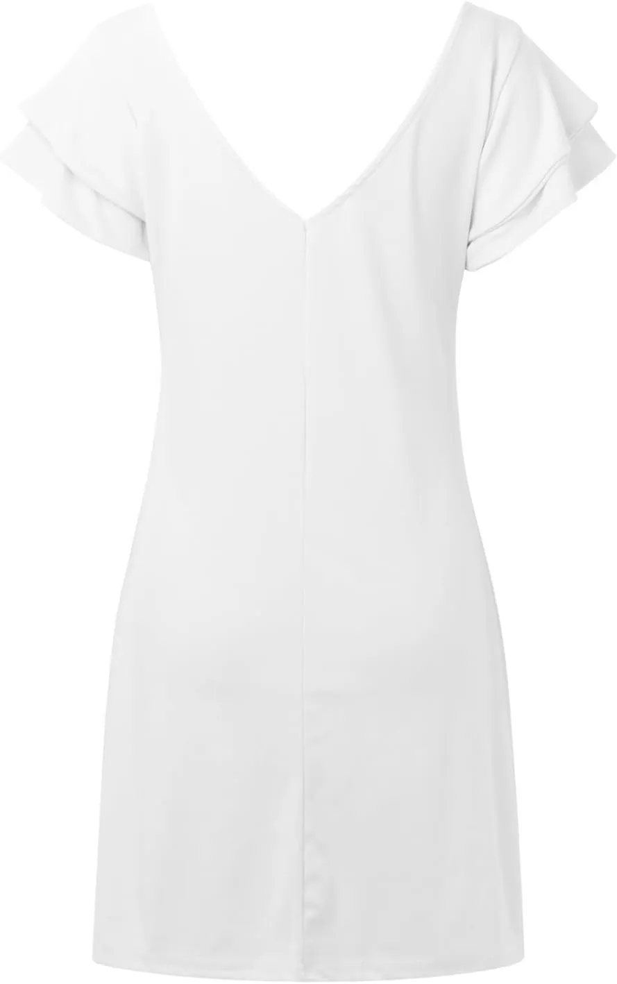 Women 2024 Summer Ruffle Edge Sleeve Dresses Floral Casual Beach Mini Dress with Pocket Trendy Basic Solid Dress