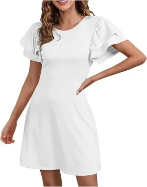 Women 2024 Summer Ruffle Edge Sleeve Dresses Floral Casual Beach Mini Dress with Pocket Trendy Basic Solid Dress