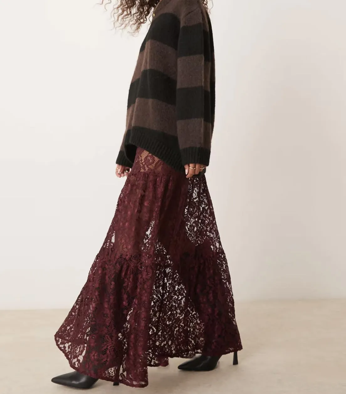 Women Aesthetic Sheer Floral Lace A Line Maxi Skirt See Through Elastic Low Waist Tiered Ruffle Hem Long Skirts
