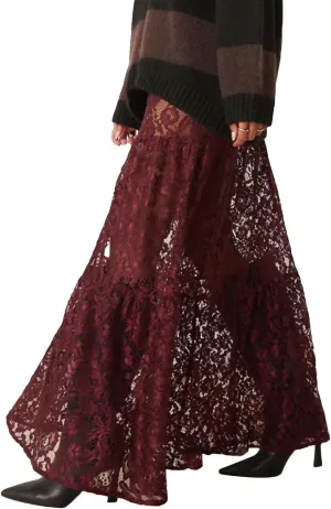 Women Aesthetic Sheer Floral Lace A Line Maxi Skirt See Through Elastic Low Waist Tiered Ruffle Hem Long Skirts