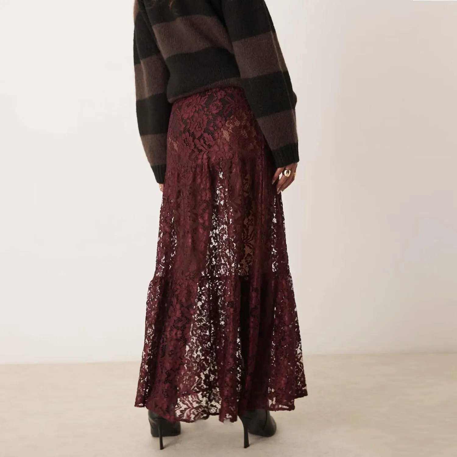 Women Aesthetic Sheer Floral Lace A Line Maxi Skirt See Through Elastic Low Waist Tiered Ruffle Hem Long Skirts