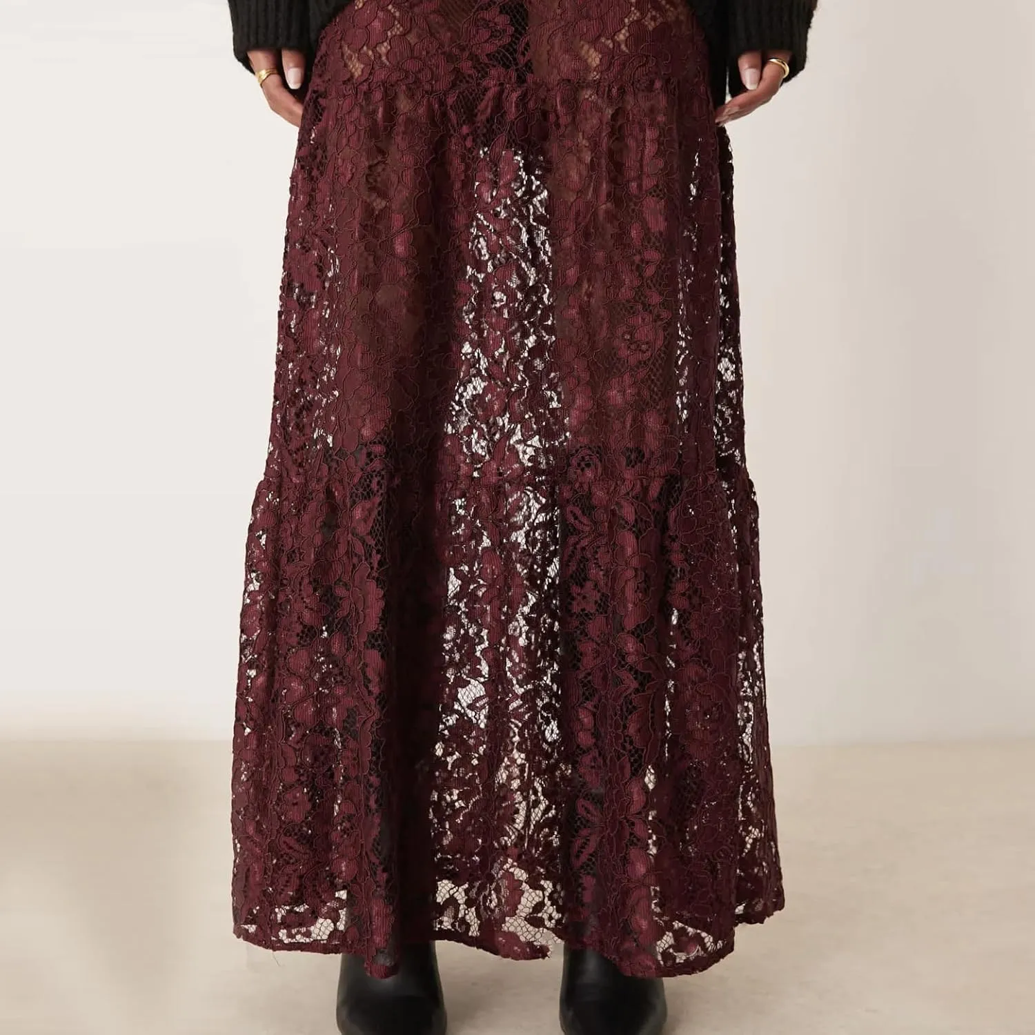 Women Aesthetic Sheer Floral Lace A Line Maxi Skirt See Through Elastic Low Waist Tiered Ruffle Hem Long Skirts