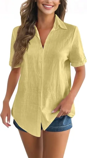 Women Cotton Linen Button Down Shirt Rolled Cuffed Short Sleeve Blouse Ladies Summer Casual Beach Tops