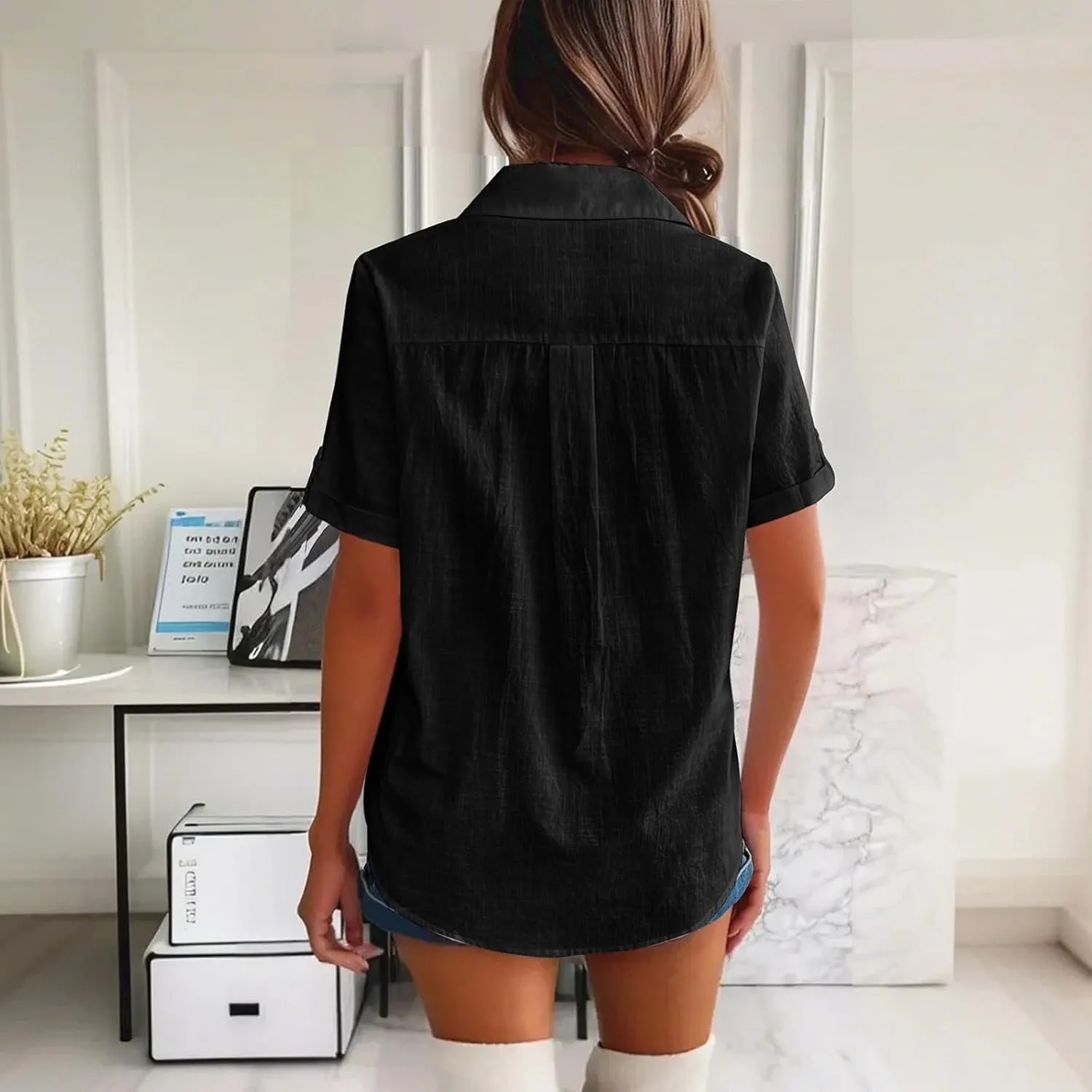 Women Cotton Linen Button Down Shirt Rolled Cuffed Short Sleeve Blouse Ladies Summer Casual Beach Tops