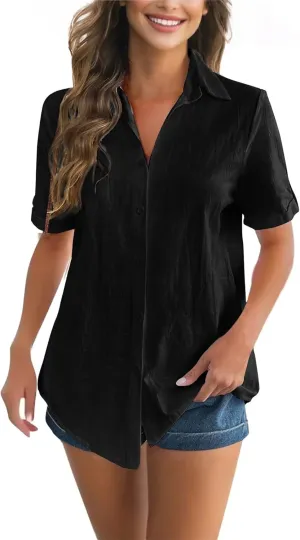 Women Cotton Linen Button Down Shirt Rolled Cuffed Short Sleeve Blouse Ladies Summer Casual Beach Tops