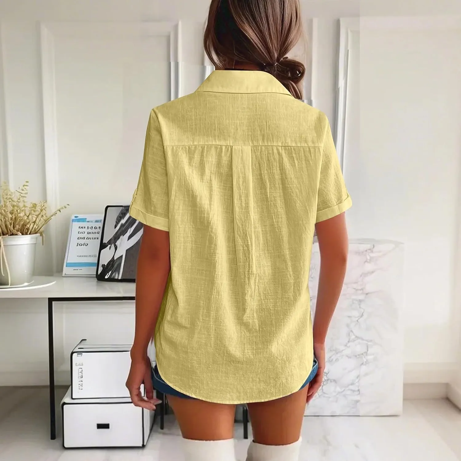 Women Cotton Linen Button Down Shirt Rolled Cuffed Short Sleeve Blouse Ladies Summer Casual Beach Tops