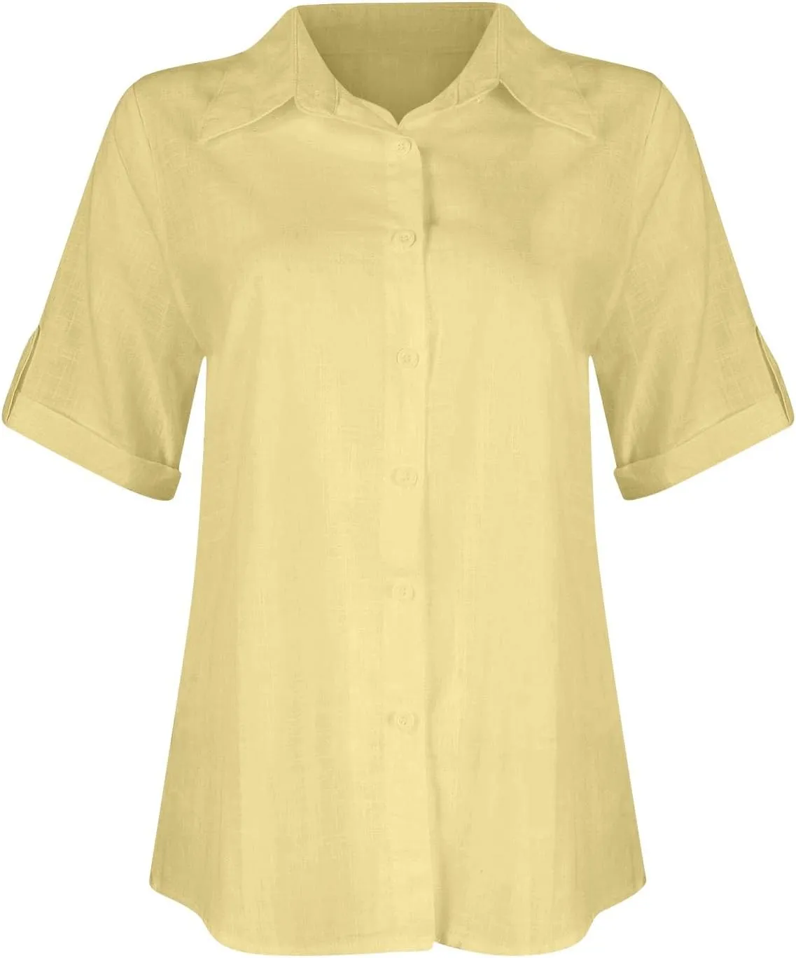 Women Cotton Linen Button Down Shirt Rolled Cuffed Short Sleeve Blouse Ladies Summer Casual Beach Tops