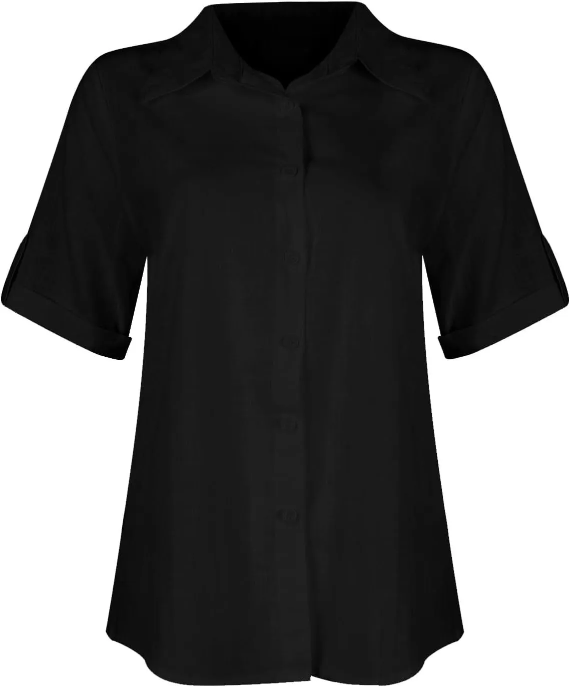 Women Cotton Linen Button Down Shirt Rolled Cuffed Short Sleeve Blouse Ladies Summer Casual Beach Tops