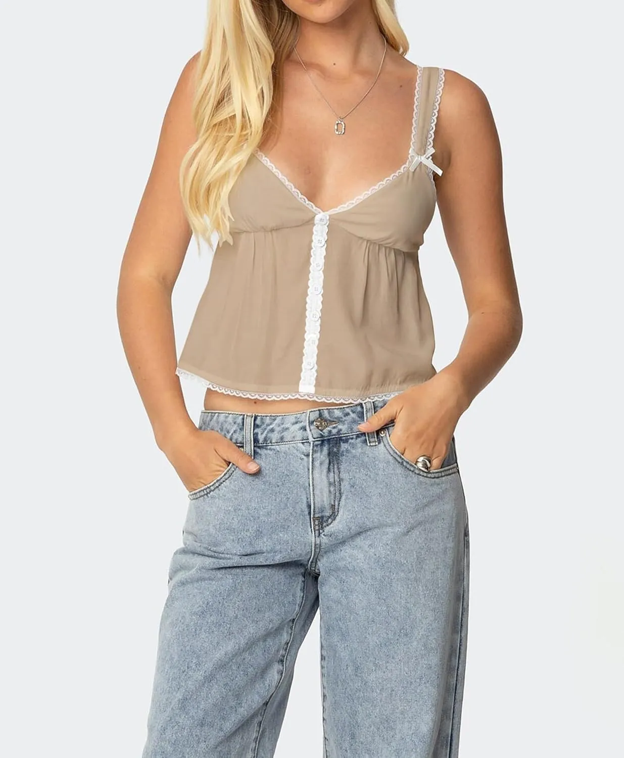 Women Lace Trim Ruffle Hem Camisole Tops Cute Bow Babydoll Peplum Cami Shirt Summer Tank Tops Y2K Fairy Streetwear