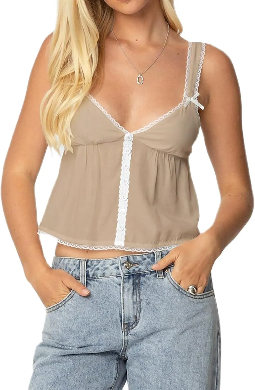 Women Lace Trim Ruffle Hem Camisole Tops Cute Bow Babydoll Peplum Cami Shirt Summer Tank Tops Y2K Fairy Streetwear