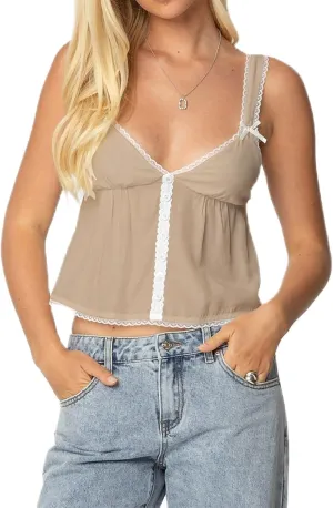 Women Lace Trim Ruffle Hem Camisole Tops Cute Bow Babydoll Peplum Cami Shirt Summer Tank Tops Y2K Fairy Streetwear