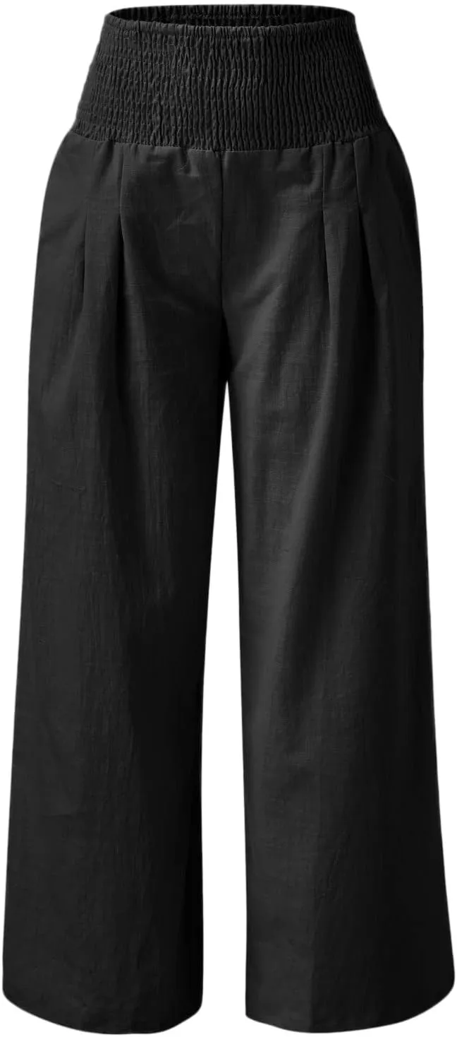 Women Linen Pants 2025 Summer Casual Loose Wide Leg Palazzo Pants Smocked High Waist Flowy Beach Trousers