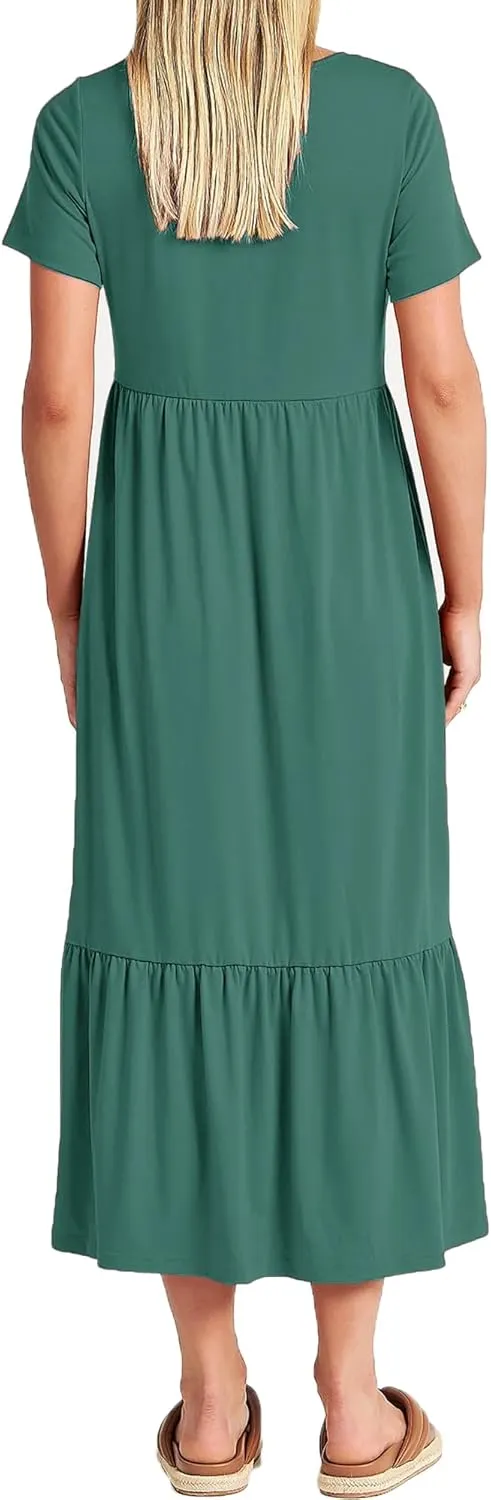 Women Nursing Short Sleeve Crew Neck Fall Dress Maternity Flowy Maxi Dresses Tiered Cocktail Dress with Pockets