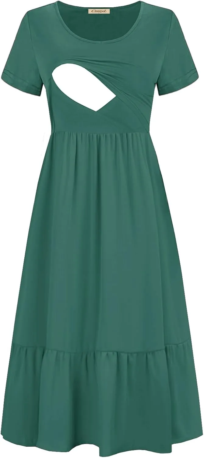 Women Nursing Short Sleeve Crew Neck Fall Dress Maternity Flowy Maxi Dresses Tiered Cocktail Dress with Pockets
