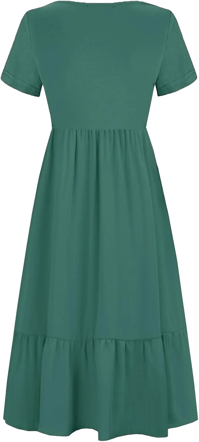 Women Nursing Short Sleeve Crew Neck Fall Dress Maternity Flowy Maxi Dresses Tiered Cocktail Dress with Pockets