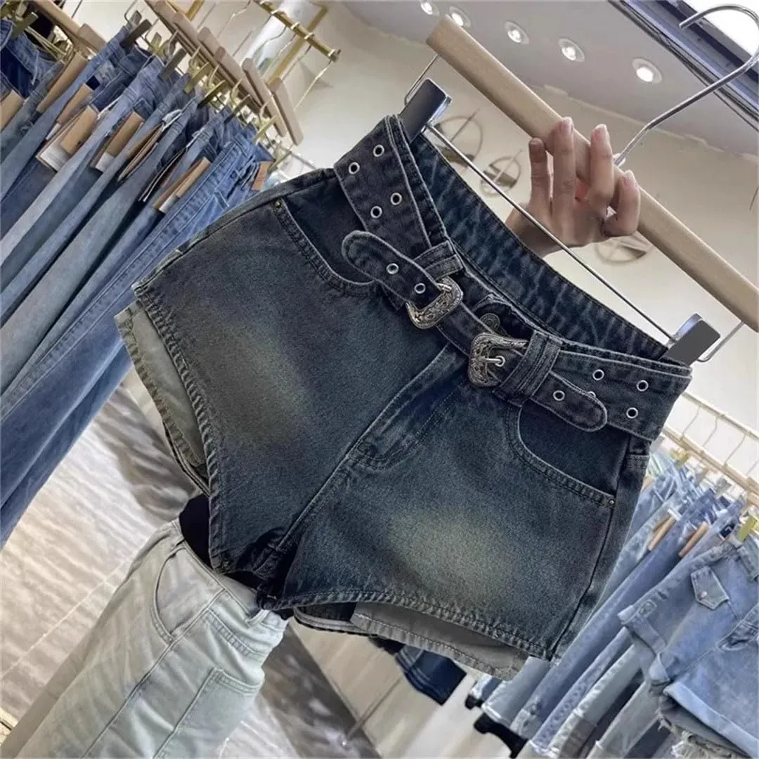 Women Retro Cut Waistband Denim Shorts Wide Leg Personalized Hot Pants
