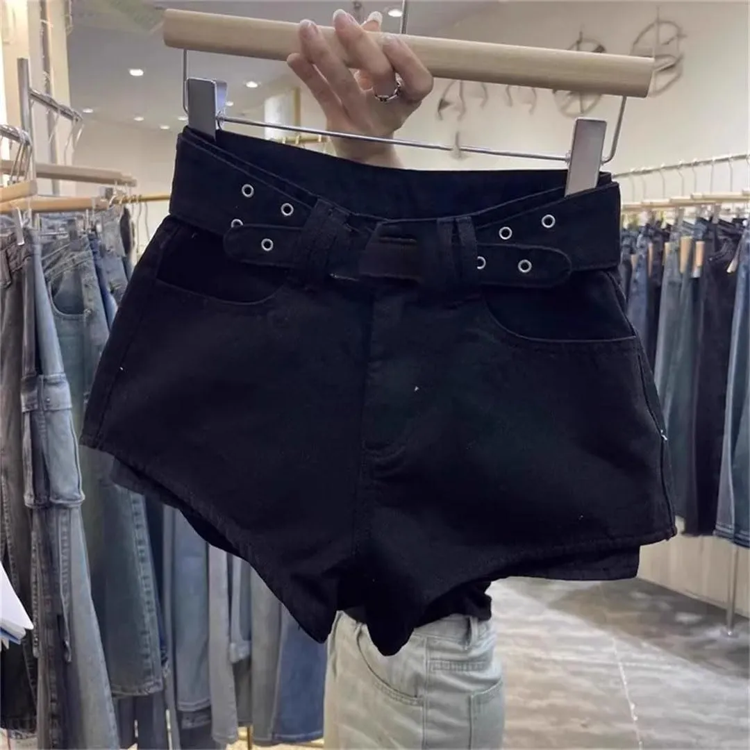 Women Retro Cut Waistband Denim Shorts Wide Leg Personalized Hot Pants