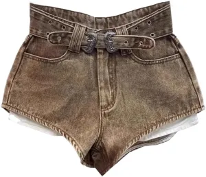 Women Retro Cut Waistband Denim Shorts Wide Leg Personalized Hot Pants