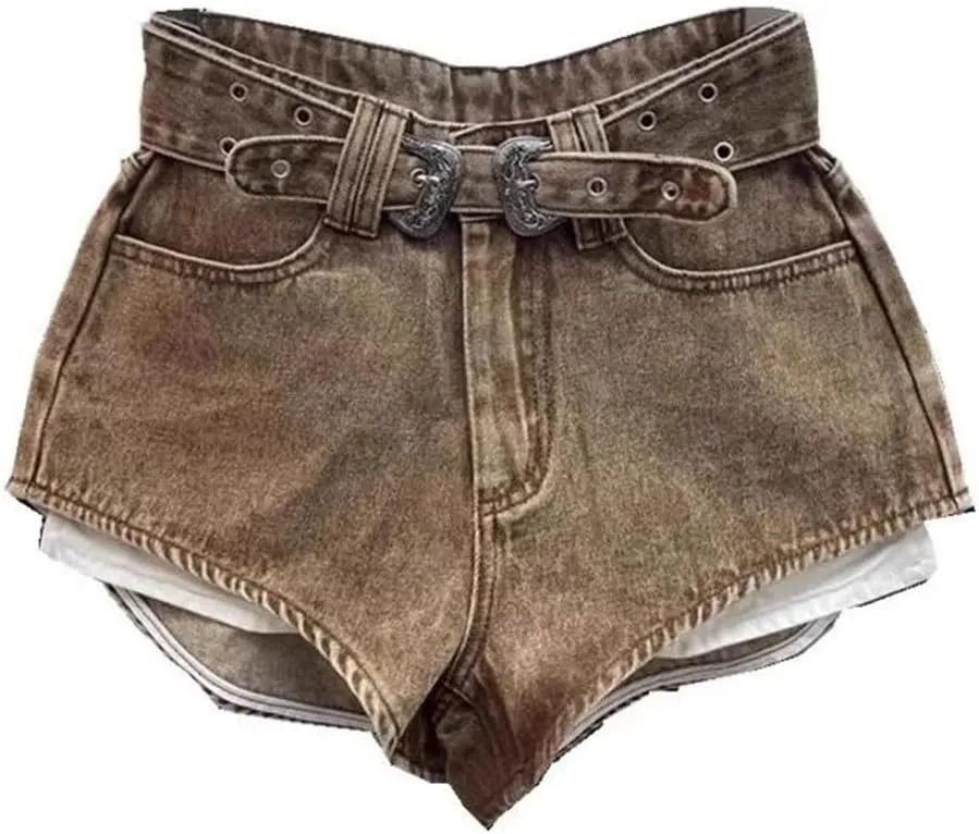 Women Retro Cut Waistband Denim Shorts Wide Leg Personalized Hot Pants