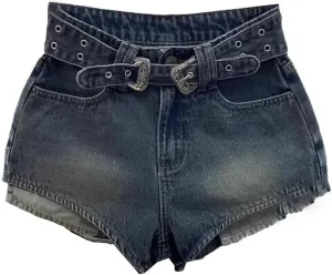 Women Retro Cut Waistband Denim Shorts Wide Leg Personalized Hot Pants