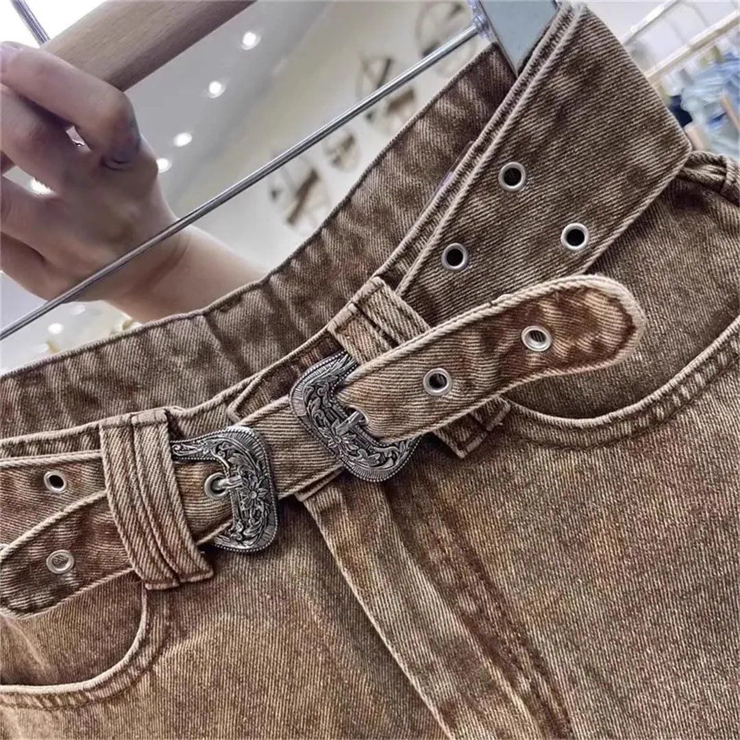 Women Retro Cut Waistband Denim Shorts Wide Leg Personalized Hot Pants