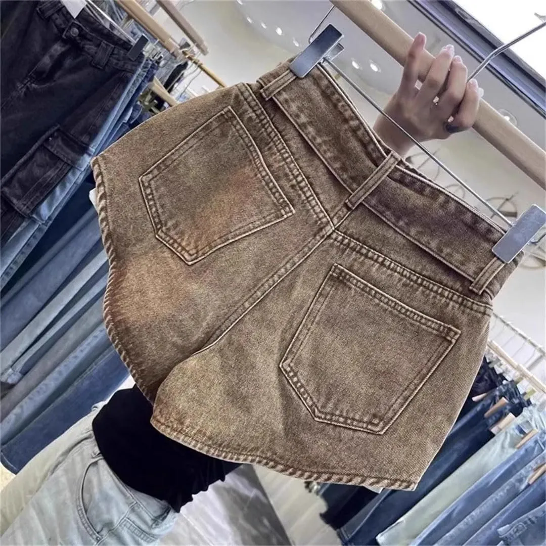 Women Retro Cut Waistband Denim Shorts Wide Leg Personalized Hot Pants