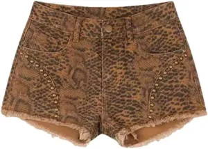 Women Retro Niche Print Nail Bead Fringed Slimming Hot Pants Mixed-Color Denim Shorts