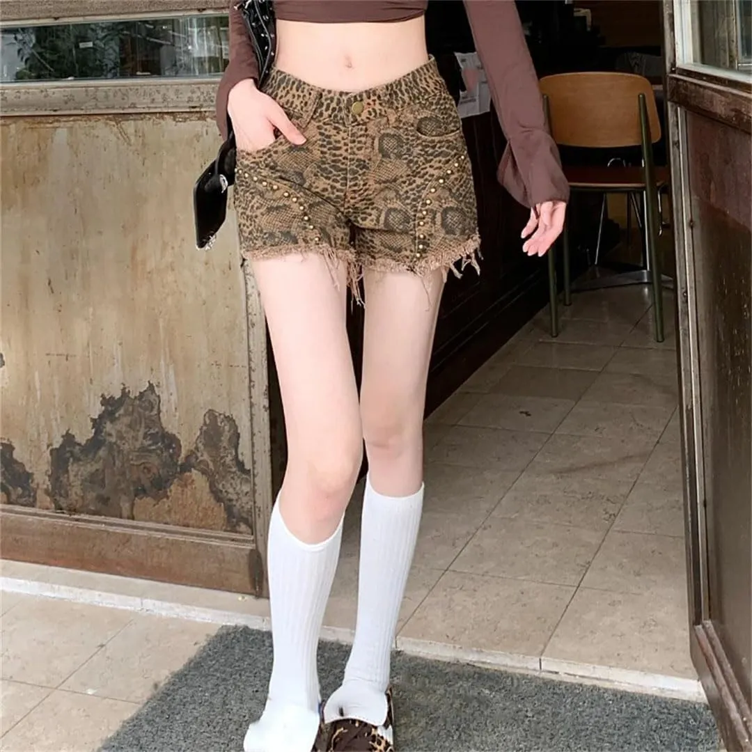 Women Retro Niche Print Nail Bead Fringed Slimming Hot Pants Mixed-Color Denim Shorts
