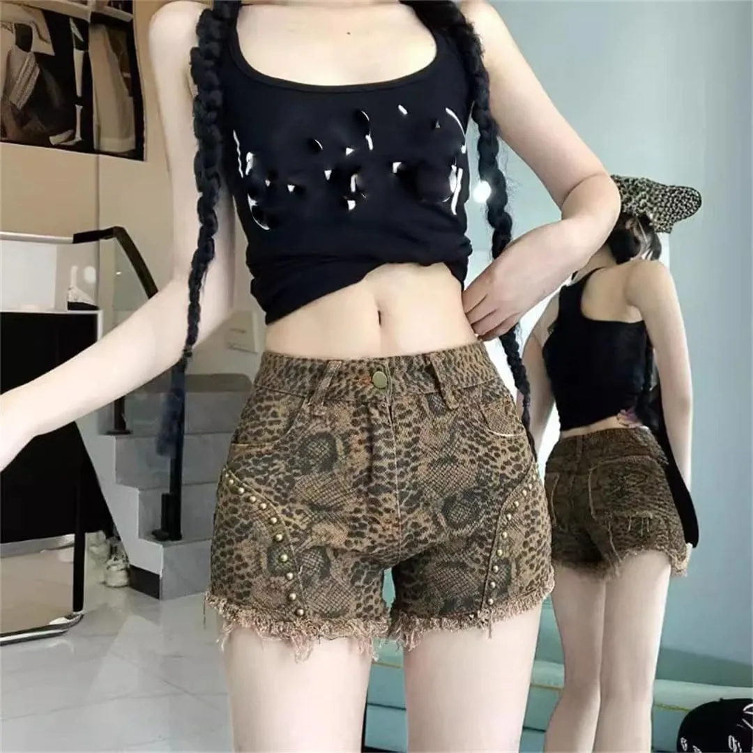 Women Retro Niche Print Nail Bead Fringed Slimming Hot Pants Mixed-Color Denim Shorts