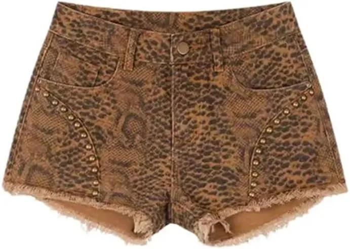 Women Retro Niche Print Nail Bead Fringed Slimming Hot Pants Mixed-Color Denim Shorts