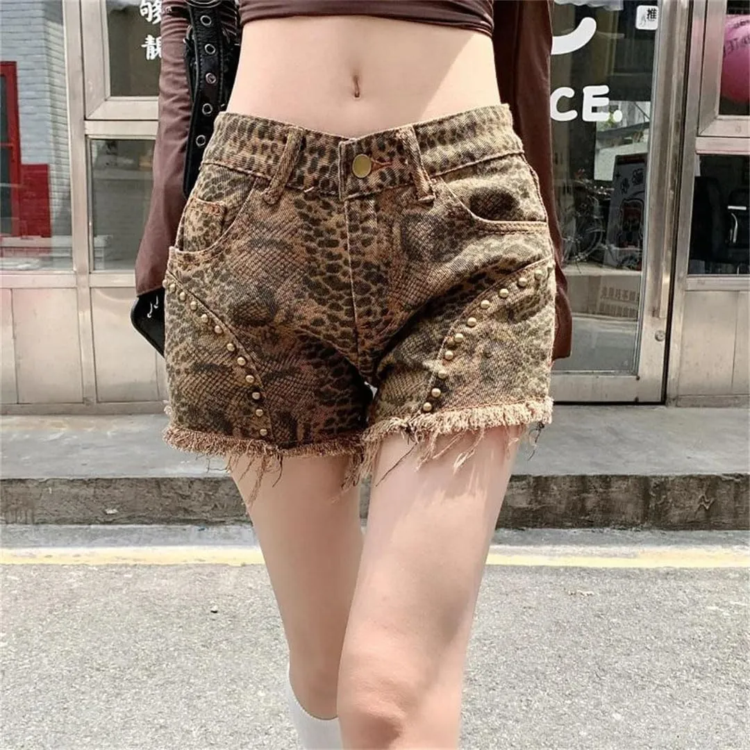 Women Retro Niche Print Nail Bead Fringed Slimming Hot Pants Mixed-Color Denim Shorts