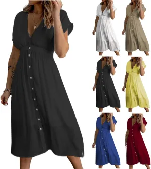 Women Summer Button Down V Neck Midi Dress Cap Sleeve Flowy Long Dresses High Pleated Waist Beach Sundress