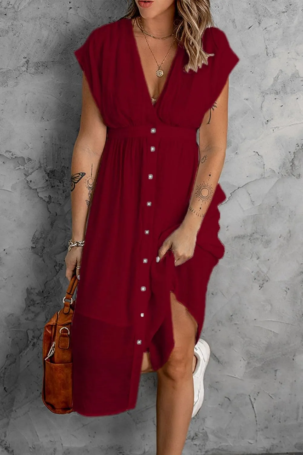 Women Summer Button Down V Neck Midi Dress Cap Sleeve Flowy Long Dresses High Pleated Waist Beach Sundress
