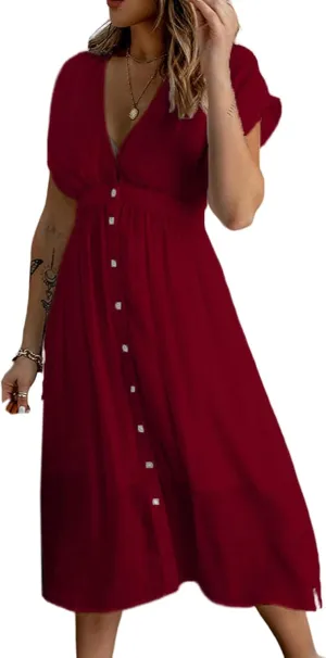 Women Summer Button Down V Neck Midi Dress Cap Sleeve Flowy Long Dresses High Pleated Waist Beach Sundress