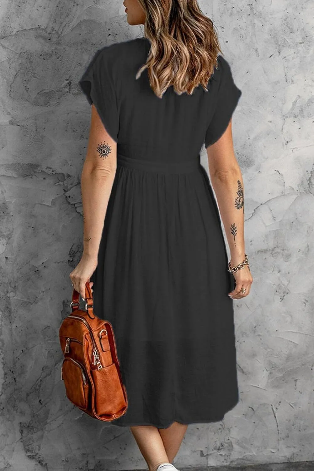 Women Summer Button Down V Neck Midi Dress Cap Sleeve Flowy Long Dresses High Pleated Waist Beach Sundress