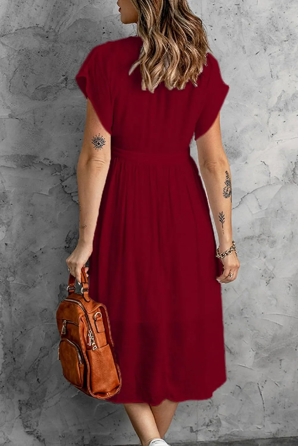 Women Summer Button Down V Neck Midi Dress Cap Sleeve Flowy Long Dresses High Pleated Waist Beach Sundress