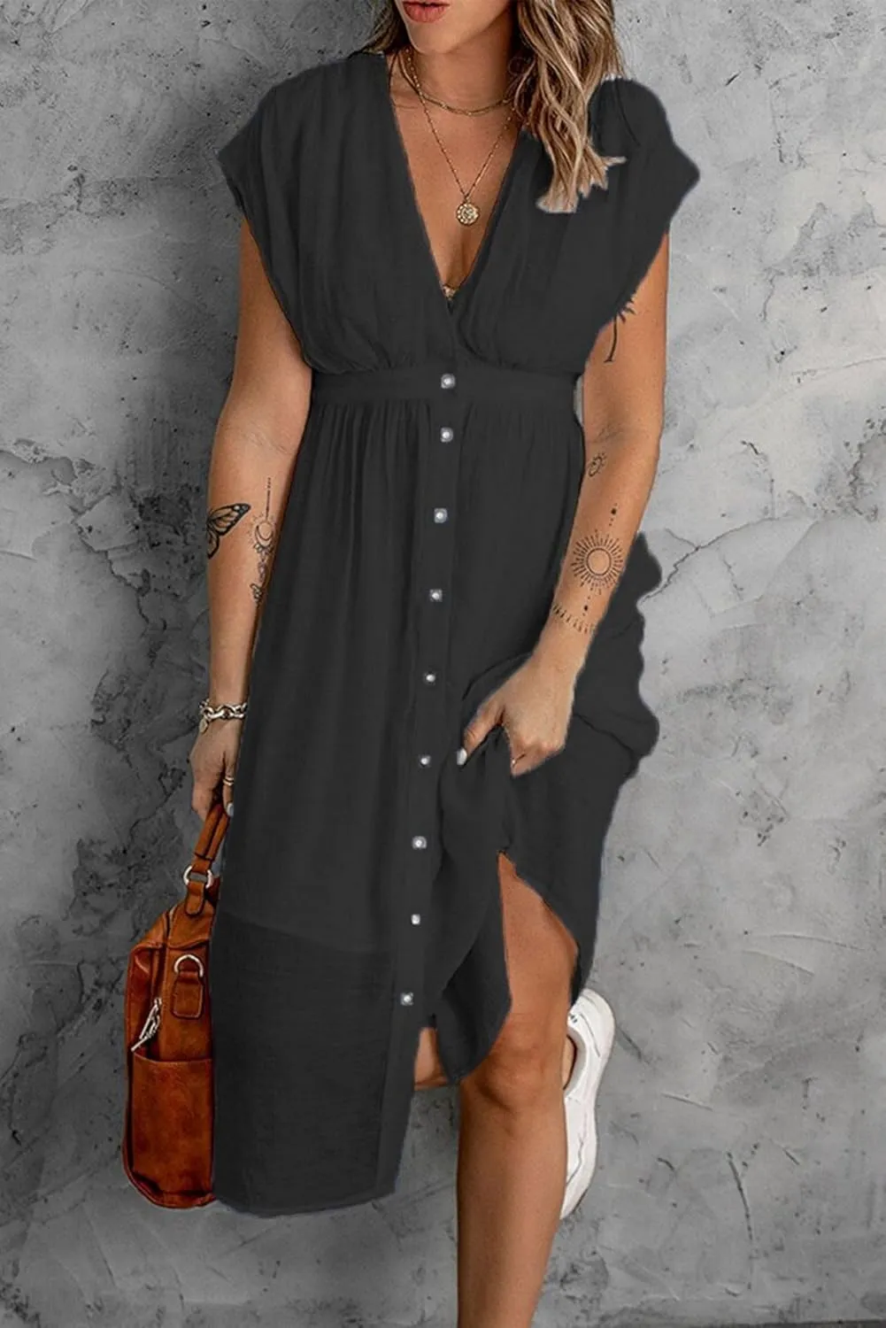 Women Summer Button Down V Neck Midi Dress Cap Sleeve Flowy Long Dresses High Pleated Waist Beach Sundress
