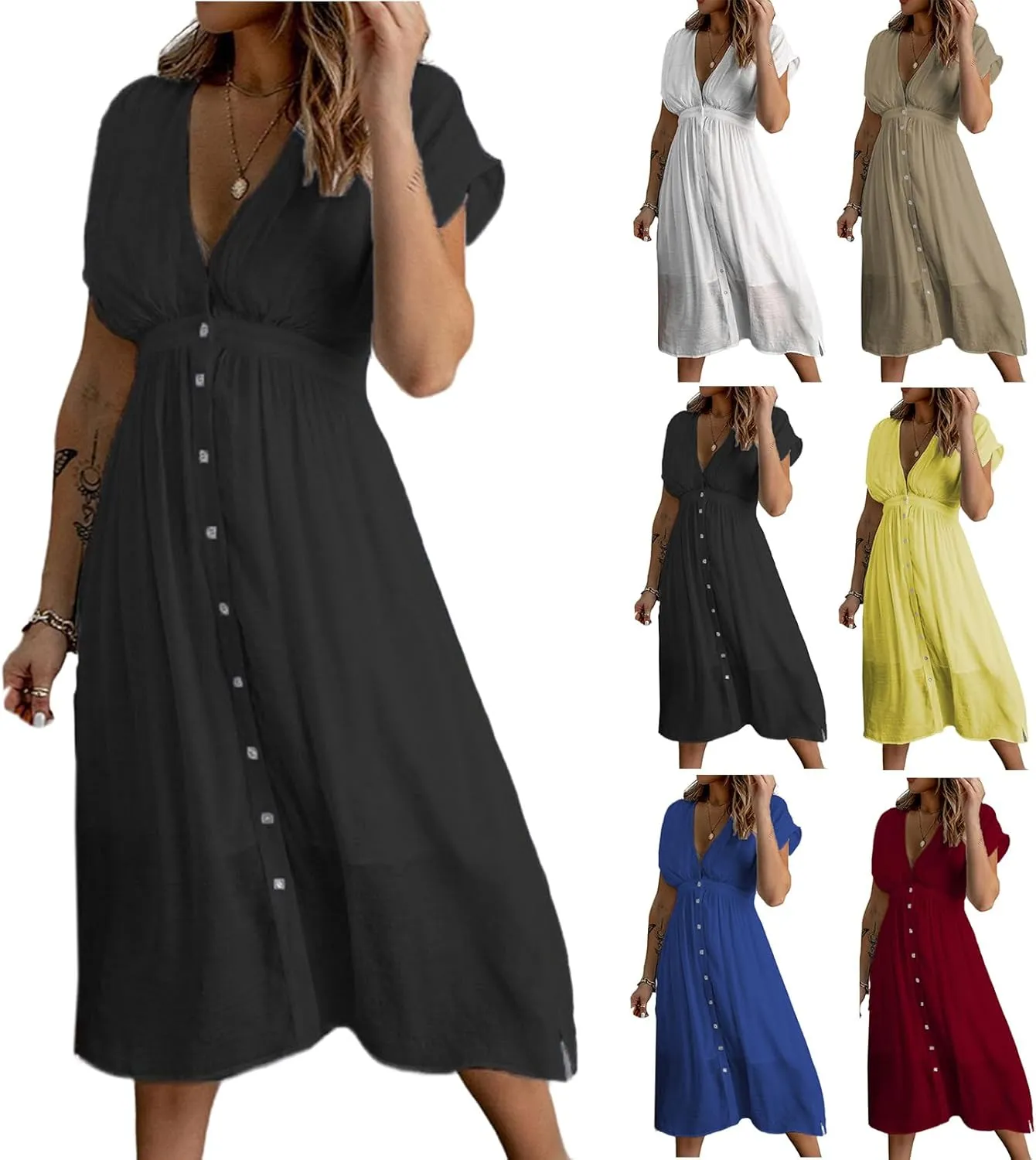 Women Summer Button Down V Neck Midi Dress Cap Sleeve Flowy Long Dresses High Pleated Waist Beach Sundress
