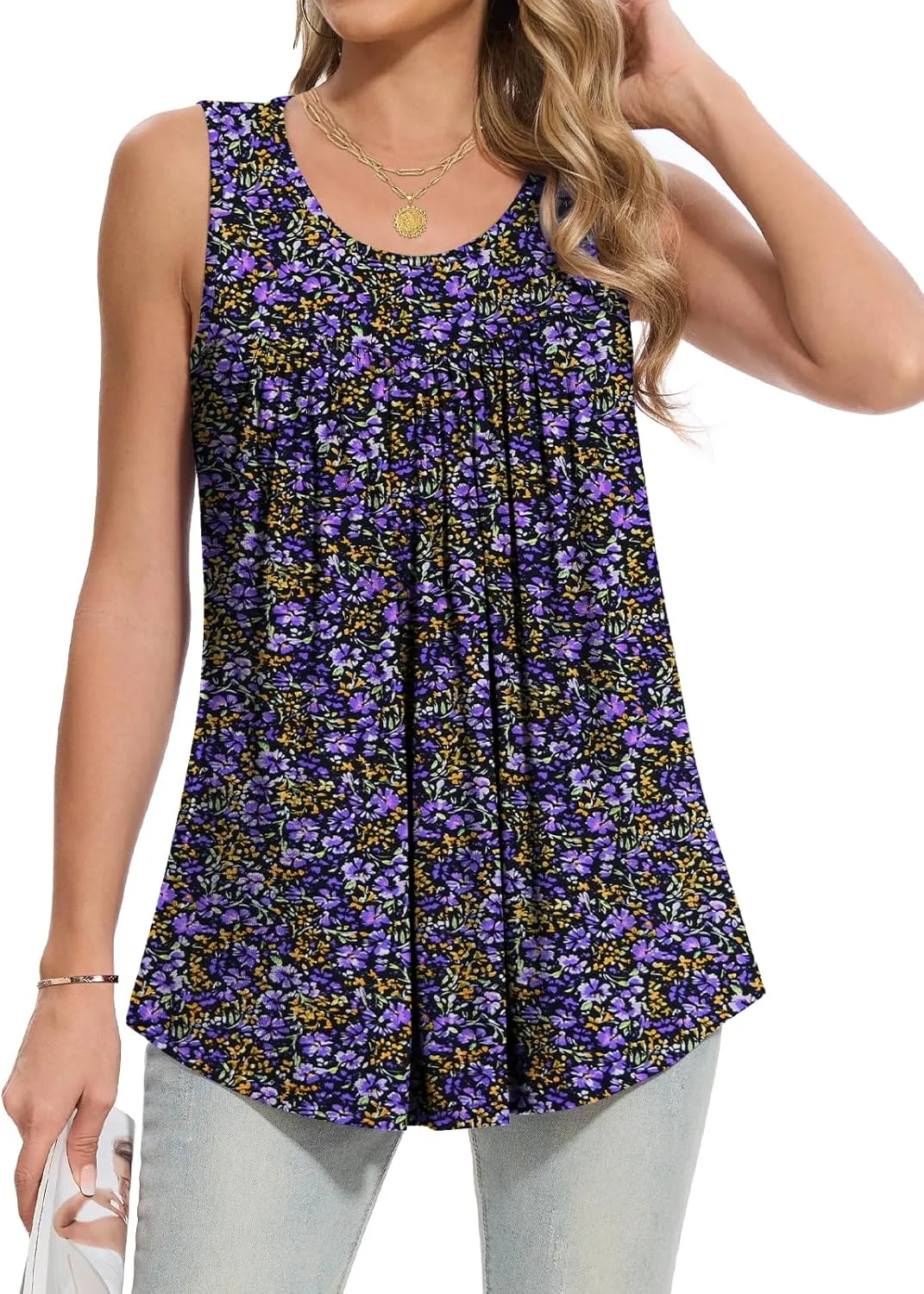 Women Tank Tops 2025 Summer Sleeveless Top Pleated Round Neck Flowy Shirts M-3X