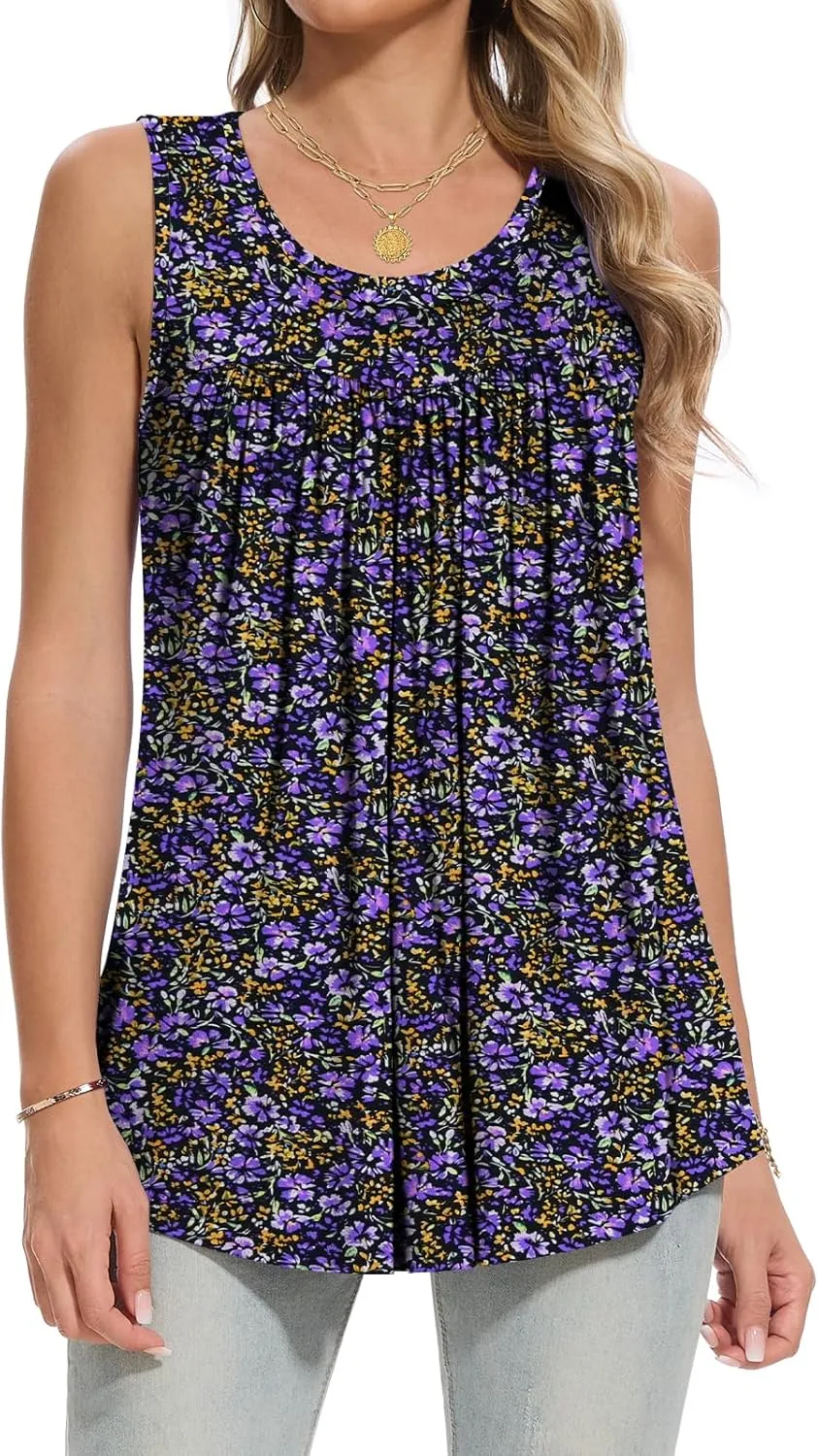 Women Tank Tops 2025 Summer Sleeveless Top Pleated Round Neck Flowy Shirts M-3X