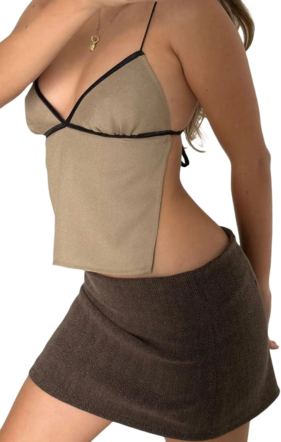 Women Y2K Backless Crop Top Vintage Sexy Tie Up Spaghetti Strap Camisole Summer Cute Mini Vest E-Girl Streetwear