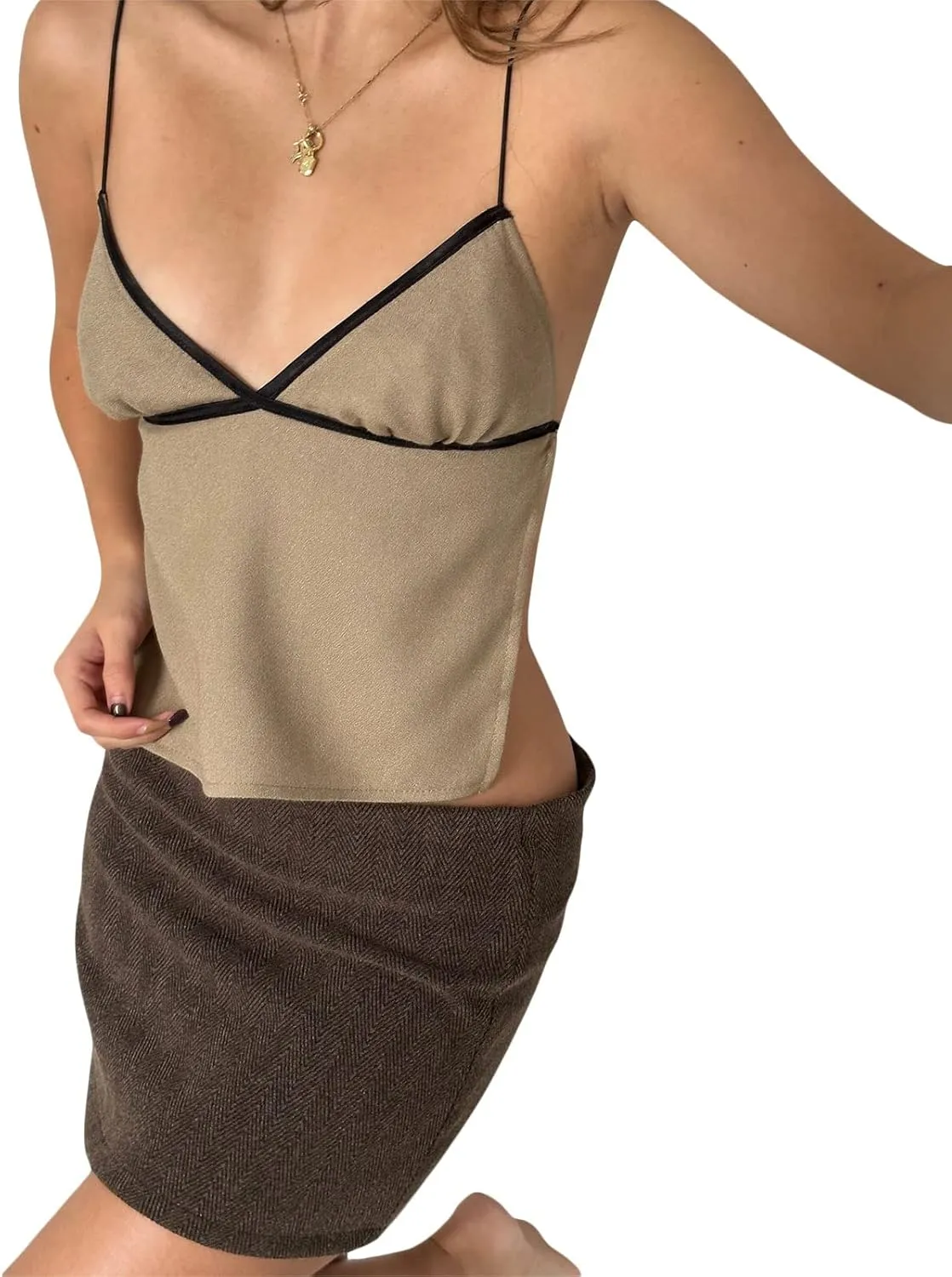 Women Y2K Backless Crop Top Vintage Sexy Tie Up Spaghetti Strap Camisole Summer Cute Mini Vest E-Girl Streetwear