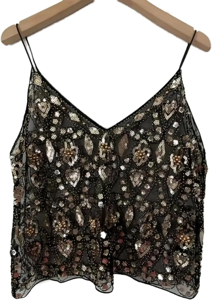 Women Y2K Sequin Cami Top Sexy V Neck See Through Tank Tops Cute Sparkle Camisole Vest Summer Going Out Tops