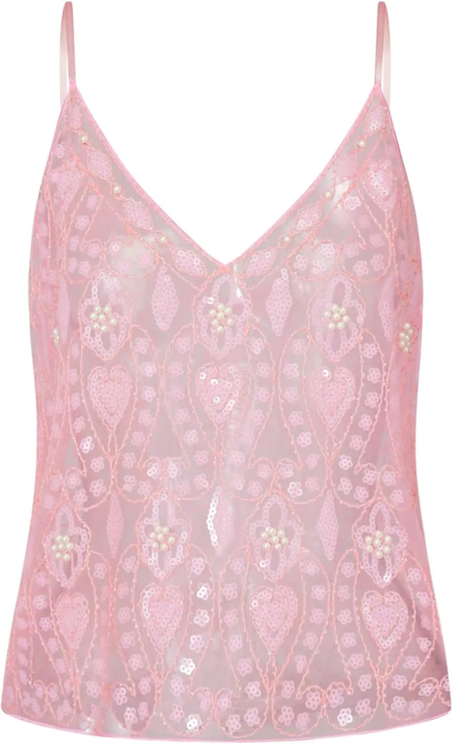 Women Y2K Sequin Cami Top Sexy V Neck See Through Tank Tops Cute Sparkle Camisole Vest Summer Going Out Tops