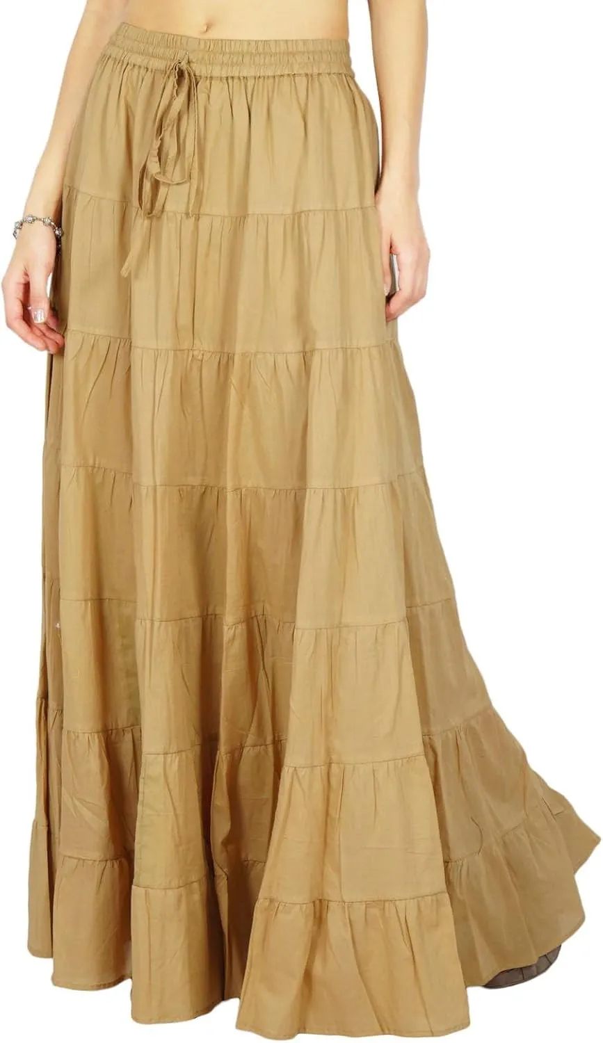 Women's 100% Cotton Skirts Tiered A Line Long Skirts Maxi Elastic High Waist Summer Trendy Flowy Boho Drawstring Skirt