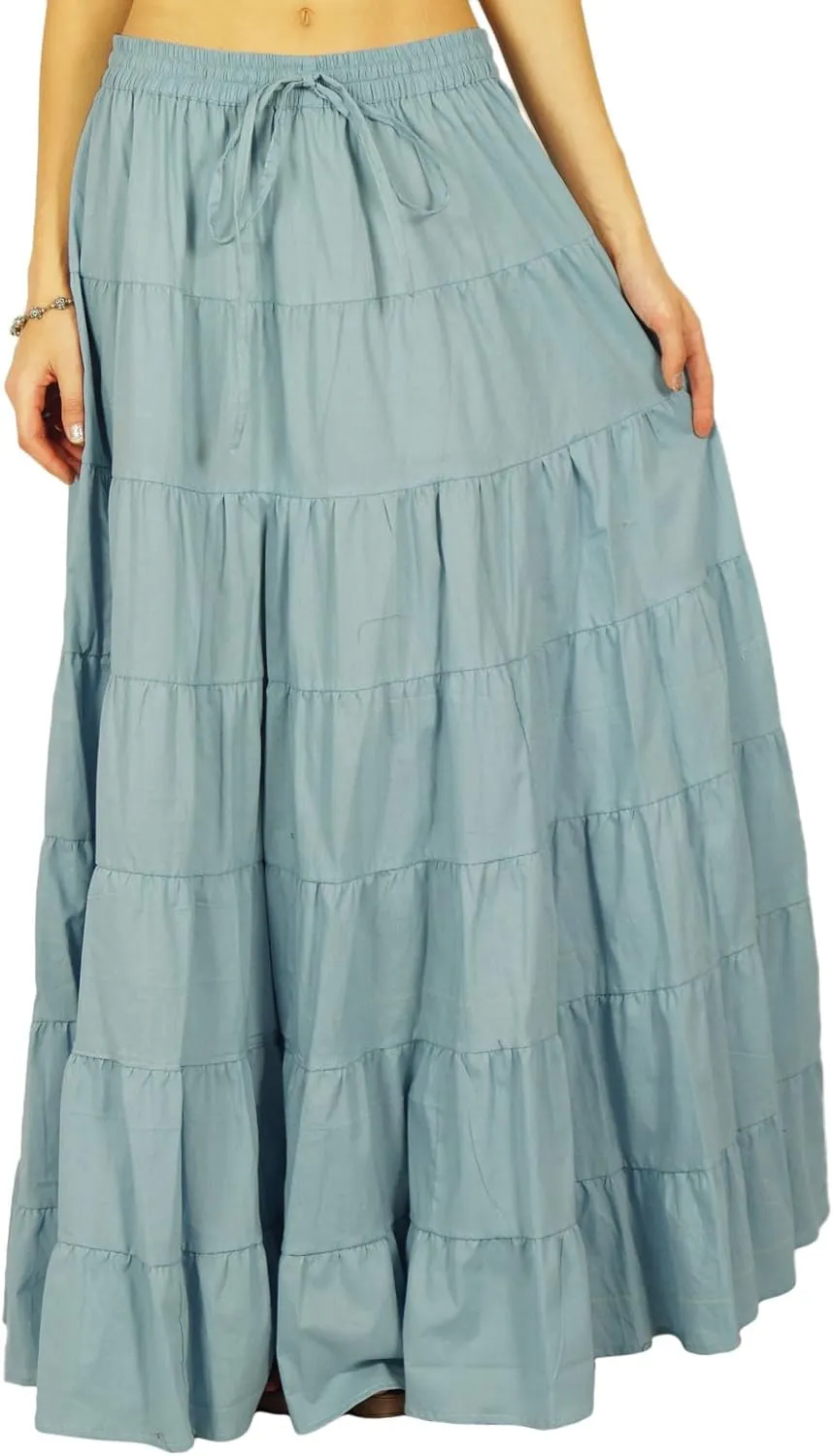 Women's 100% Cotton Skirts Tiered A Line Long Skirts Maxi Elastic High Waist Summer Trendy Flowy Boho Drawstring Skirt